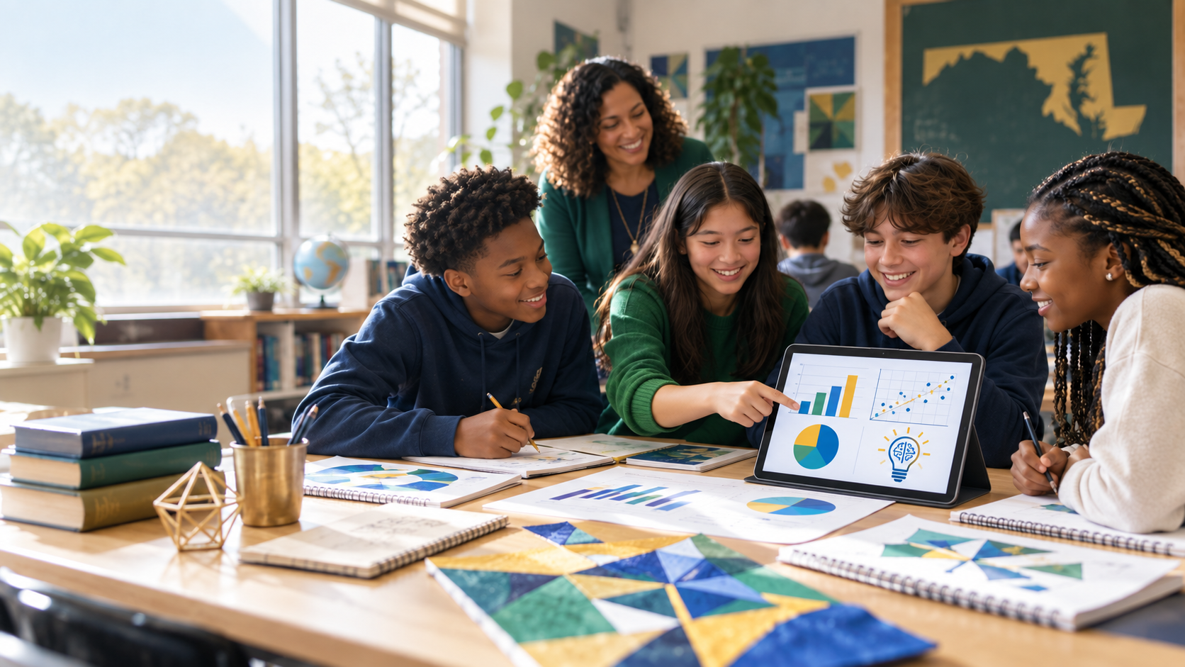 Students working together on art and data projects in a classroom